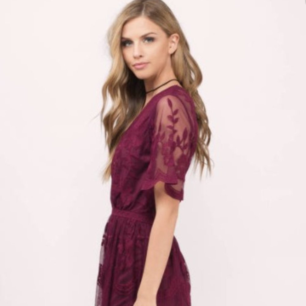 Honey Punch Wine Romper Embroidered Maxi Dress